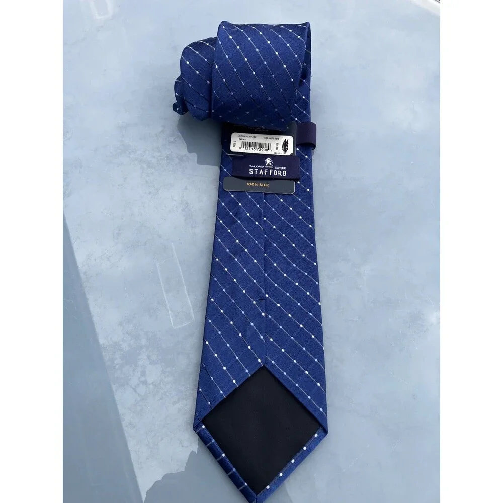 Stafford Tailored Culture Necktie Neck Tie 100% Silk Blue White Dots Design NWT